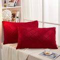 JAUXIO Diamond Pinch Pleated Crystal Velvet Pillowcases 2 Pack Solid Pintuck Throw Cushion Cover for Home Decor Hidden Zipper Closure (Burgundy, Standard)