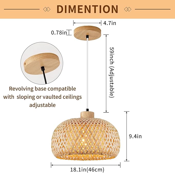 18inch Bamboo Rattan Pendant Light, Hand-Woven Wicker Boho Hanging Ceiling Lights Fixture, Beige Pendant Lamp Rustic Farmhouse Chandelier for Kitchen Island, Dining Room, Bedroom, Living Room