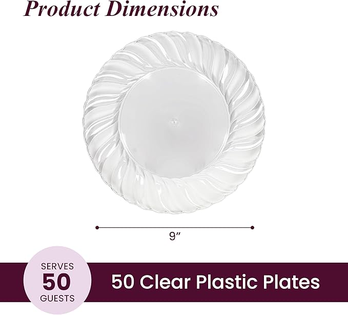 Aya's Cutlery Kingdom 50 Clear Plastic Plates 9" - Heavy-Duty Round Disposable Plates for Parties, Events, and Weddings - Elegant, Durable Clear Dinner Plate for Serving Food and for Easy Cleanup