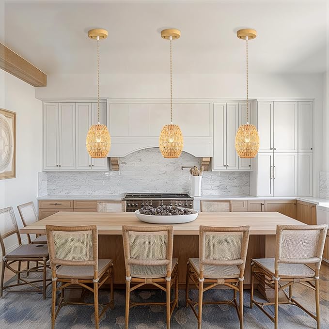 3-Light Rattan Pendant Light, Boho Chandelier Light Fixture, Small Wicker Light Fixture, Wicker Chandelier, for Bedroom Kitchen Island, ETL Listed