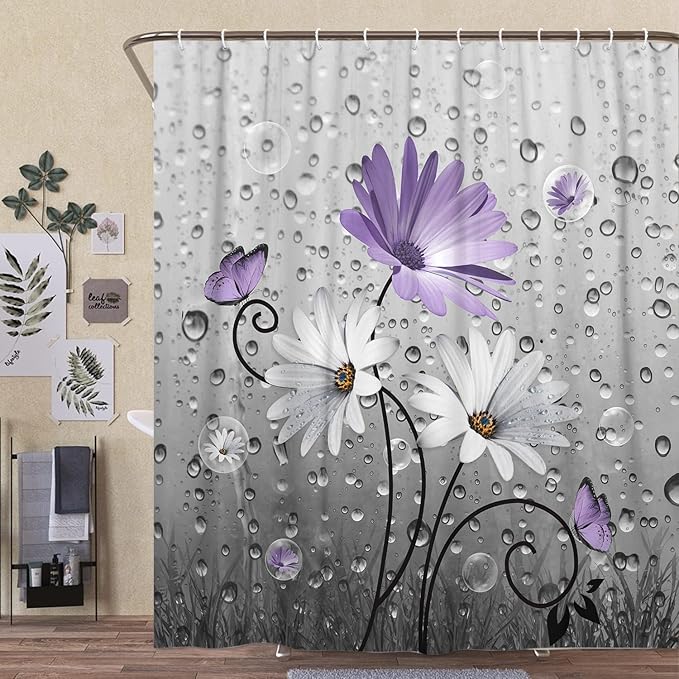 Rustic Farmhouse Purple Floral Shower Curtain, Farm Daisy Flowers and Butterfly Shower Curtain for Bathroom, Country Violet Gray Fabric Boho Shower Curtain Set with 12PCS Hooks, 47X64IN