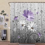 Rustic Farmhouse Purple Floral Shower Curtain, Farm Daisy Flowers and Butterfly Shower Curtain for Bathroom, Country Violet Gray Fabric Boho Shower Curtain Set with 12PCS Hooks, 70X70IN