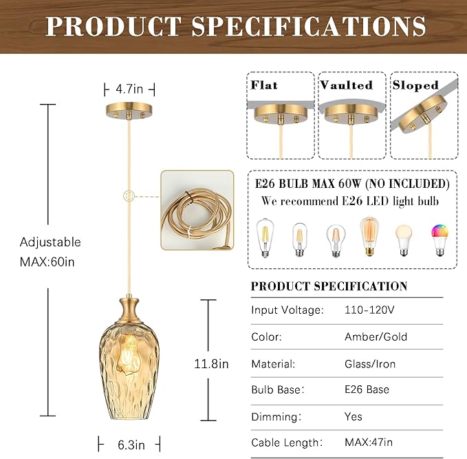 Glass Pendant Lights Kitchen Island, 1-Light Gold Pendant Light Fixtures with Hammered Amber Glass, Vintage Hanging Light for Kitchen Sink Dining Room Bedroom, E26
