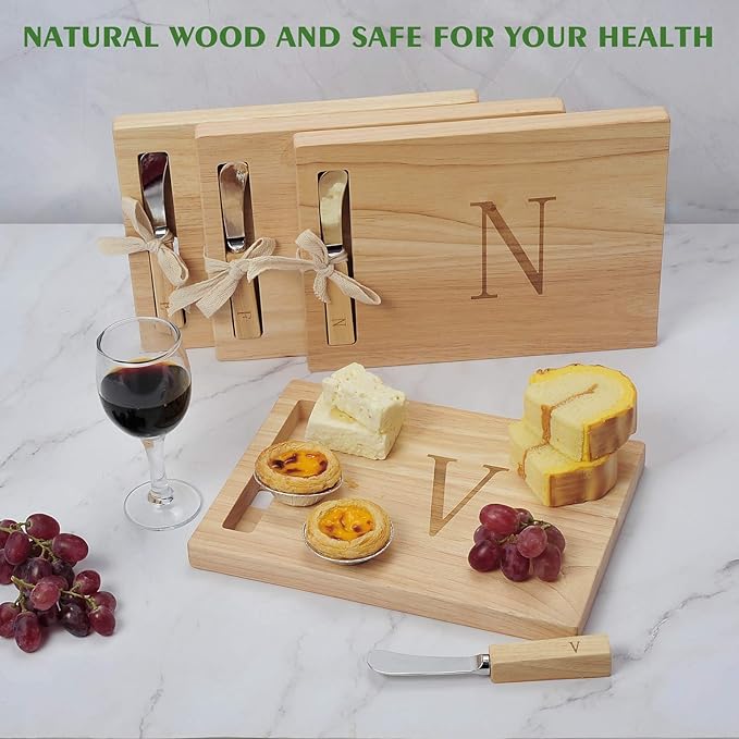 Miicol Wood Charcuterie Board, Monogram Cheese Board 10 Inch, Personalized Initial Cutting Board with Spreader, Unique Housewarming Gift, Ideal for Kitchen, Home, Letter V