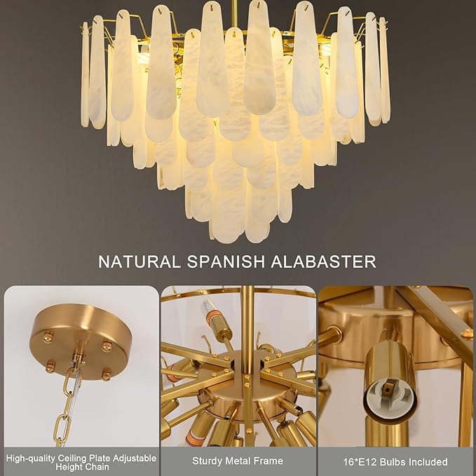 Alabaster Round Chandelier, 32 In 92 PCS Natural Spanish Marble Stone Texture Chandelier, 6-Tiers Modern Luxury Brass Chandeliers for Dining Room, Living Room, Bedroom, Entryway, Foyer(Bulbs Included)