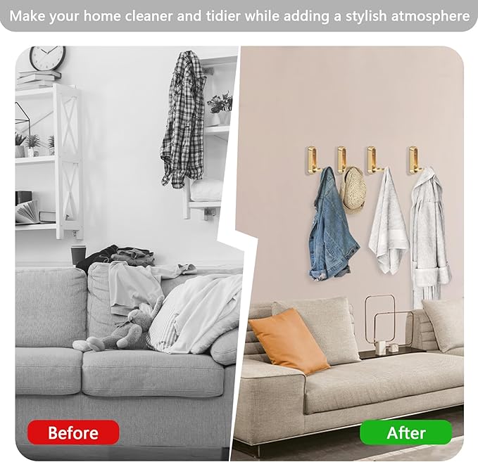 4PCS Foldable Gold Wall Hooks, Heavy Duty Zinc Alloy Folding Wall Hooks, Folding Hidden Coat Hooks Wall Mount Bathroom Foldable Towel Hooks for Hanging Clothes, Bags, Hats, Bathrobes, Keys etc (Gold)