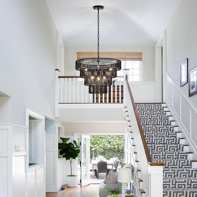 Black Rattan Chandelier Vintage Farmhouse 6-Lights Boho Hand-Woven Bamboo Black Chandeliers Light Fixture Retro Drum Wicker Chandelier for Dining Room, Kitchen, Living Room, E12