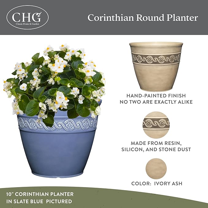 Classic Home and Garden Corinthian Resin Planter Pot - Outdoor & Indoor Plant Pot - Round Planter for Plants & Flowers (16" Ivory Ash, Pack of 1)
