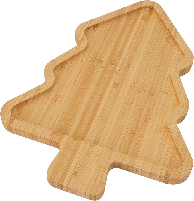 TJ POP Christmas Tree Serving Platter | Decorative Bamboo Serving Tray for Cheese, Cookies, Dessert | 12 x 9 Inches | Natural Wood Candy Snack Board Cute Charcuterie Board | Holiday Kitchen Decor