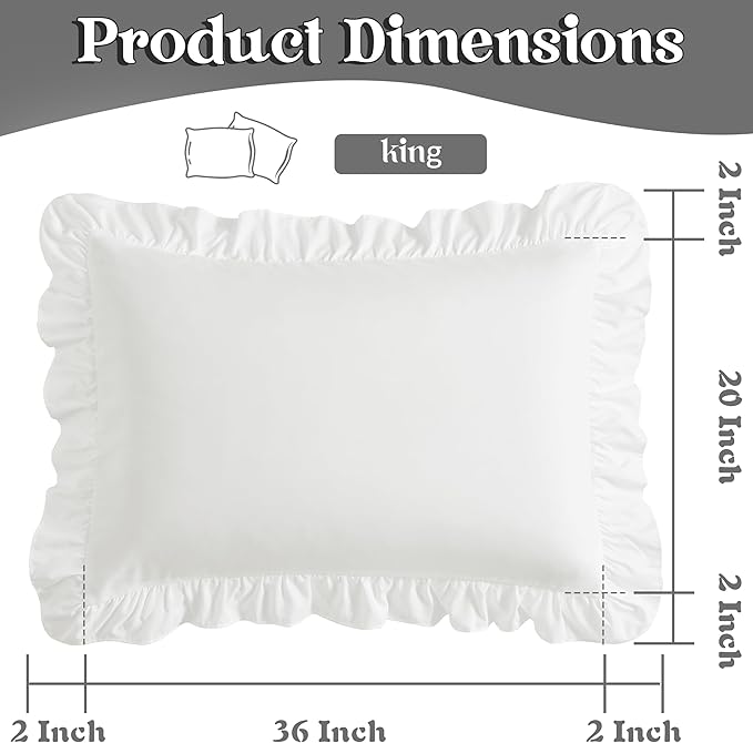 KKJIAF Ruffle Pillow Cases King Size Set of 2, Ruffled Pillow Covers with Envelope Closure, Wrinkle Resistant Pillowcases 20" x 36", Ruffled Pillow Shams, White