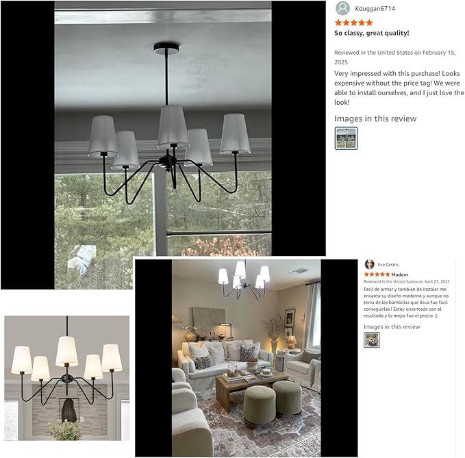 5 Light Modern Chandelier with White Shades, Elegant Pendant Light Fixture with Black Chandelier for Living Room, Dining Room, Bedroom, Hallway, Entryway, Height Adjustable