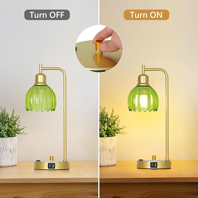 Vintage Table Lamp with USB Port and Outlet Set of 2, Green Glass Bedside Table Lamp For Bedroom, Retro Desk Lamps For Home Office, Mid Century Modern Small Night Stand Lamps, Gold Rustic Desk Light