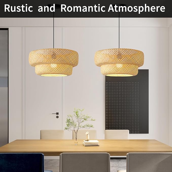 Bamboo Pendant Light, 13.8inch Hand-Woven Wicker Rattan Bamboo Chandelier, 2-Tier Beige Boho Rustic Island Dining Ceiling Hanging Light for Living Room, Kitchen, Farmhouse, Bedroom