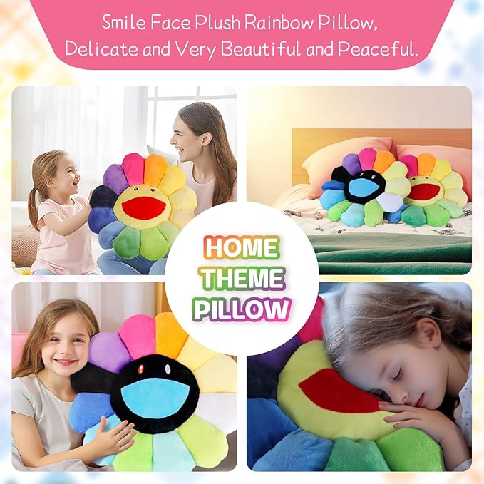 Smile Face Plush Rainbow Pillow, Sunflower Indie Decor Plush Pillow Soft & Comfortable Flower Floor Pillow for Home Reading Bed Room Decoration (White, 40CM)