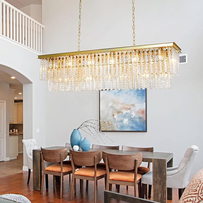 Gold Rectangular Crystal Chandelier Modern Rectangle Chandelier 21 Lights Oval Contemporary Ceiling Light Fixture for Dining Room Kitchen Island Living Room L55 Inch