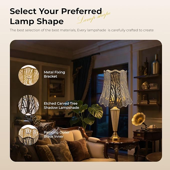 Etched Court Style Metal Lamp Shade, Large Upper and Lower Wave Lampshade with Forest Tree Pattern, 10"Top x 16" Bottom x 14.75" High, lron Cover shade for Table Lamps, Floor Lamps (Bronze & Gold)
