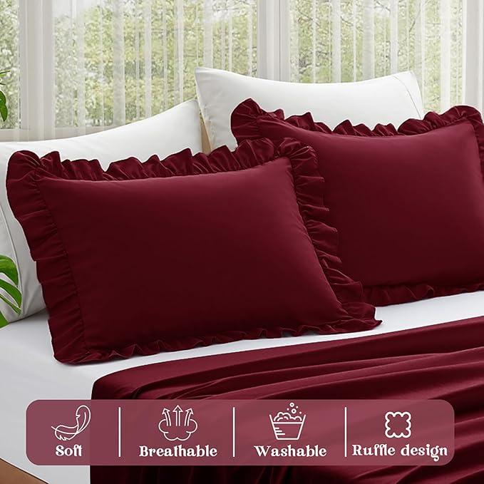 KKJIAF Ruffle Pillow Cases Standard Size Set of 2, Ruffled Pillow Covers with Envelope Closure, Wrinkle Resistant Ruffled Pillow Shams 20" x 26", Burgundy