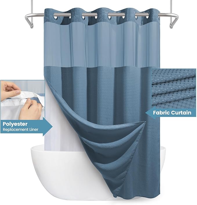 Moonlight Blue Long No Hook Shower Curtain with Snap in Liner,230GSM Waffle Weave Shower Curtains for Bathroom,71W x 86H