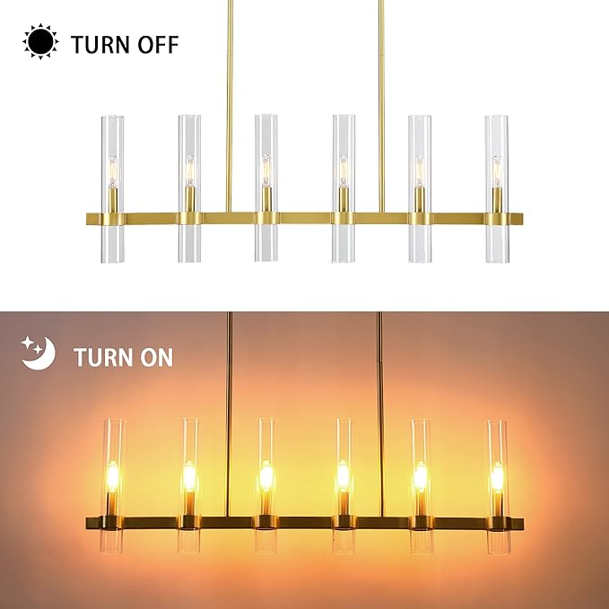 Untrammelife 6-Light Modern Linear Chandelier, 36" Gold Kitchen Island Pendant Lighting with Clear Glass Shade, Adjustable 54" Metal Rod Farmhouse Rectangle Hanging Light Over Table, Dining Room