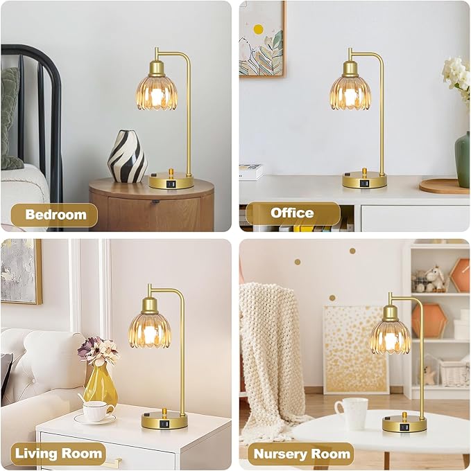 Mid Century Table Lamp With USB Port And Outlet Set Of 2, Amber Glass Bedside Table Lamp For Bedroom, Retro Desk Lamps For Home Office, Vintage Night Stand Lamps, Modern Gold Industrial Desk Light