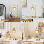 Mid Century Table Lamp With USB Port And Outlet Set Of 2, Amber Glass Bedside Table Lamp For Bedroom, Retro Desk Lamps For Home Office, Vintage Night Stand Lamps, Modern Gold Industrial Desk Light
