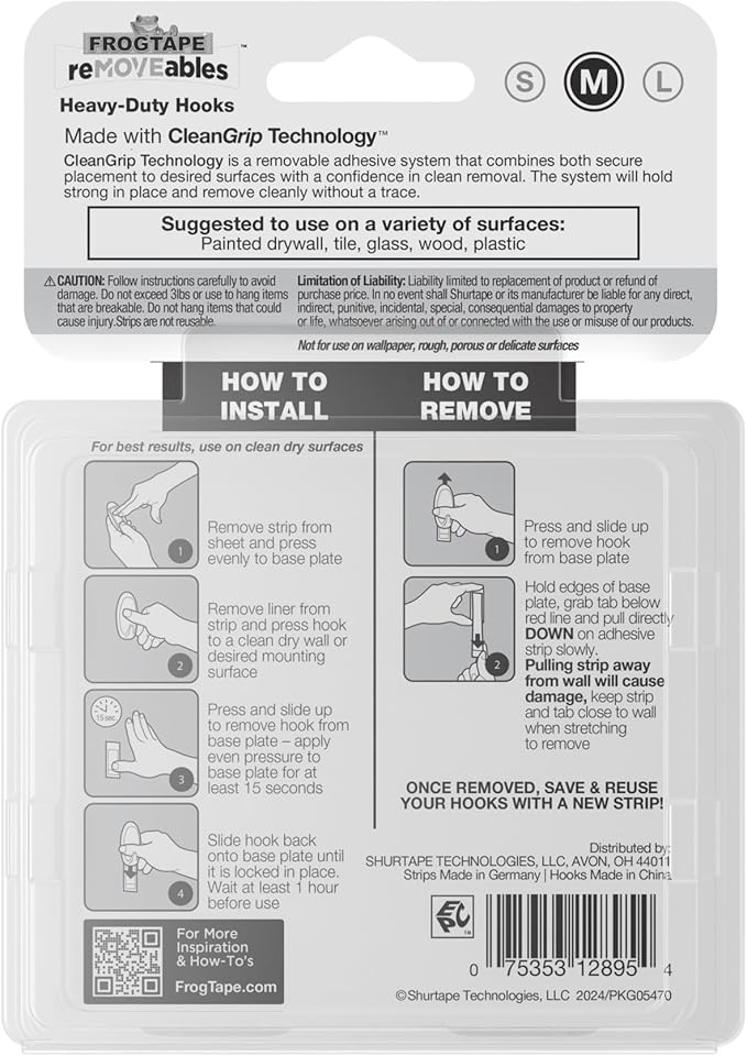 FrogTape reMOVEables Heavy Duty Wall Hooks - No Damage - Easy to Remove & Reuse - Medium Wall Hook with Adhesive Strips - Holds up to 3 lbs - Includes 8 Hooks and 12 Strips - White (Pack of 8)