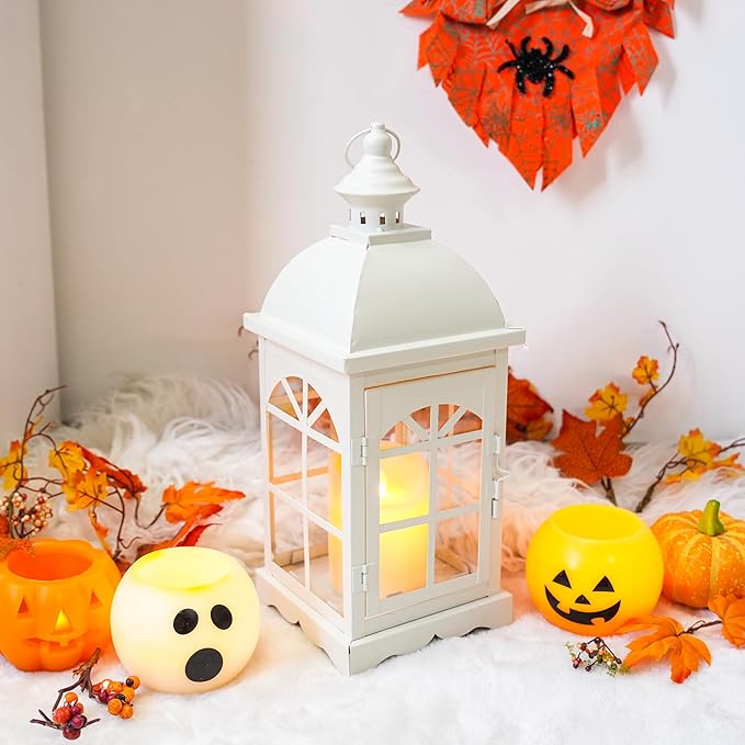 TRIROCKS Decorative Vintage Candle Lanterns 14.5" H Farmhouse Outdoor Hanging Lanterns with Tempered Glass for Porch, Balcony, Patio, Home, Centerpieces, Indoor, Outdoor(White)