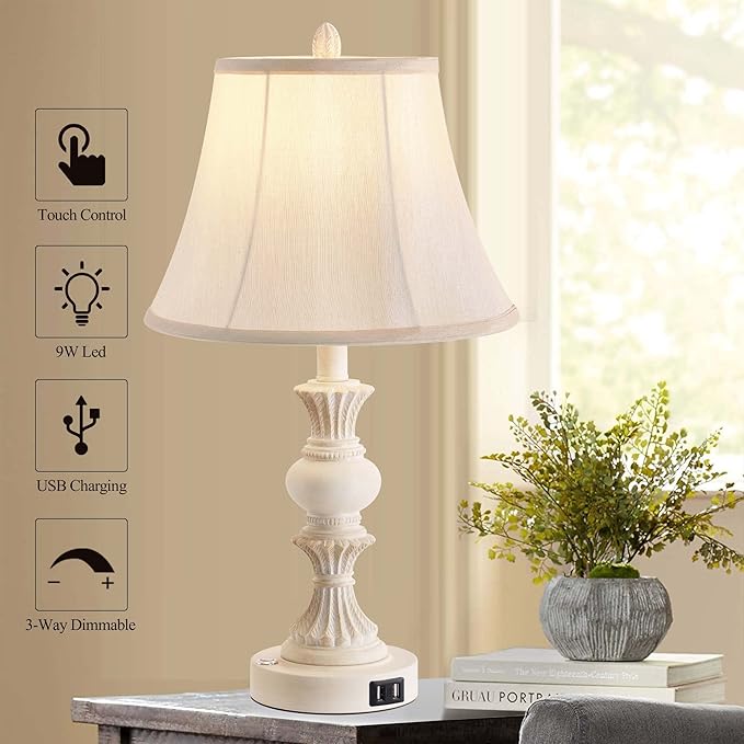 Touch Control Table Lamp Set of 2, 3-Way Dimmable Bedside Lamp with 2 USB Charging Ports, French Country Style Nightstand Lamps with Faux Silk Shade for Living Room, Bedroom - Antique White
