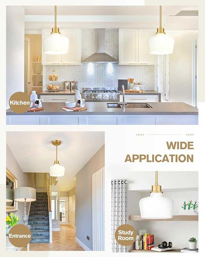 Emak 8 Inch Gold Pendant Lights Kitchen Island, 2 Pack Pendant Light Fixtures with Milk Glass Shade, Modern Hanging Lights for Kitchen Island, Bathroom, Dining Room, PL122-GD-ML-2PK