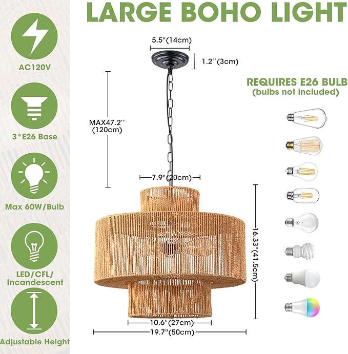 Large Rattan Pendant Light Fixture Dinning Room Chandelier Boho Hanging Light 3-light Chandelier Basket Lamp Shade Hand Woven Pendant Light for Kitchen Island Hallway Bedroom Farmhouse Living Room
