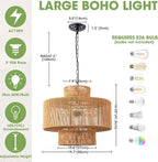 Large Rattan Pendant Light Fixture Dinning Room Chandelier Boho Hanging Light 3-light Chandelier Basket Lamp Shade Hand Woven Pendant Light for Kitchen Island Hallway Bedroom Farmhouse Living Room