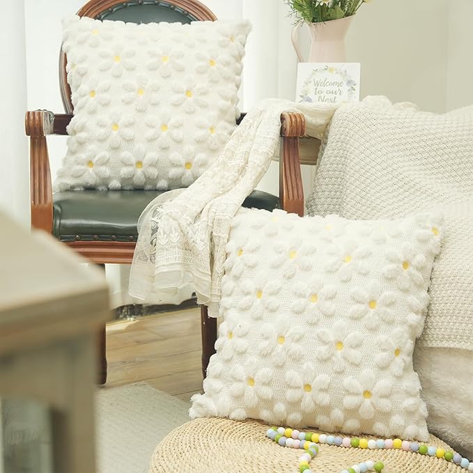GEEORY Daisy Soft Plush Pillow Covers, 18 x 18 Inch Set of 2, Fluffy Faux Fur Wool Decorative Farmhouse Cushion Case for Sofa Home Decoration Cream GC030-18