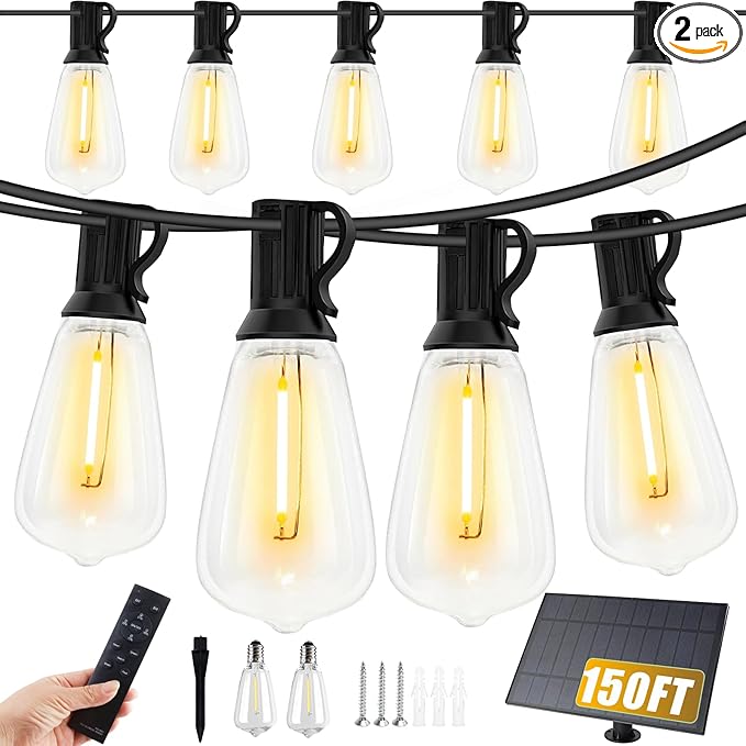 VUAA 150FT Solar Outdoor String Lights Waterproof, Solar Powered Patio Lights with 52 Shatterproof ST38 Edison Bulbs & Remote Control,LED Dimmable Solar String Lights for Outside