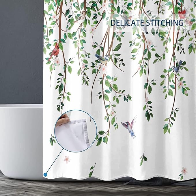 Green Leaves Birds Shower Curtain Hanging Vine Plant with Floral Shower Curtains for Bathroom Waterproof Polyester Fabric Bath Curtain 72 x 72 Inch with 12 Hooks