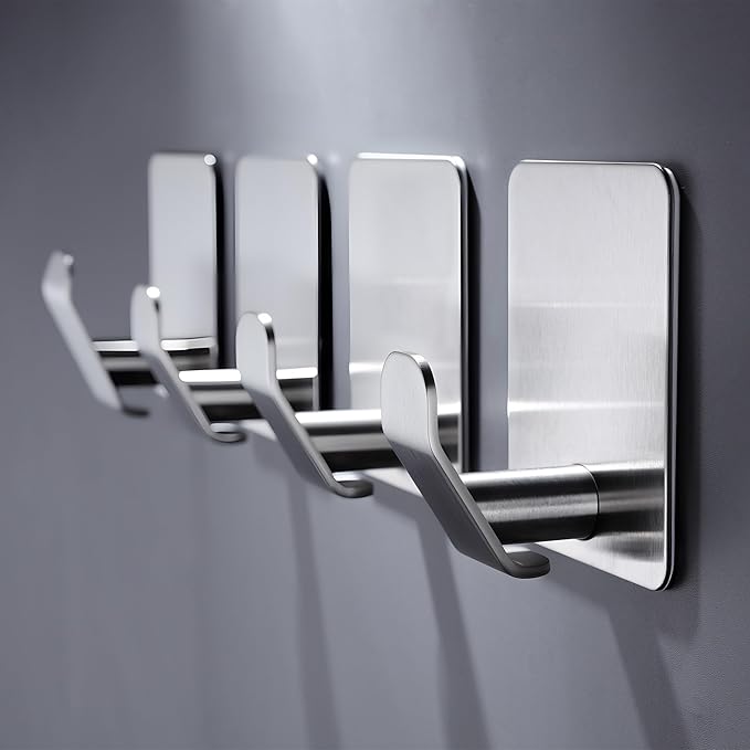 DELITON Adhesive Hooks - 4 Pack Towel Hooks Brushed Stainless Steel, Wall Hooks for Hanging Towels, Clothes, Keys, Stick to Bathroom, Kitchen or Bedroom