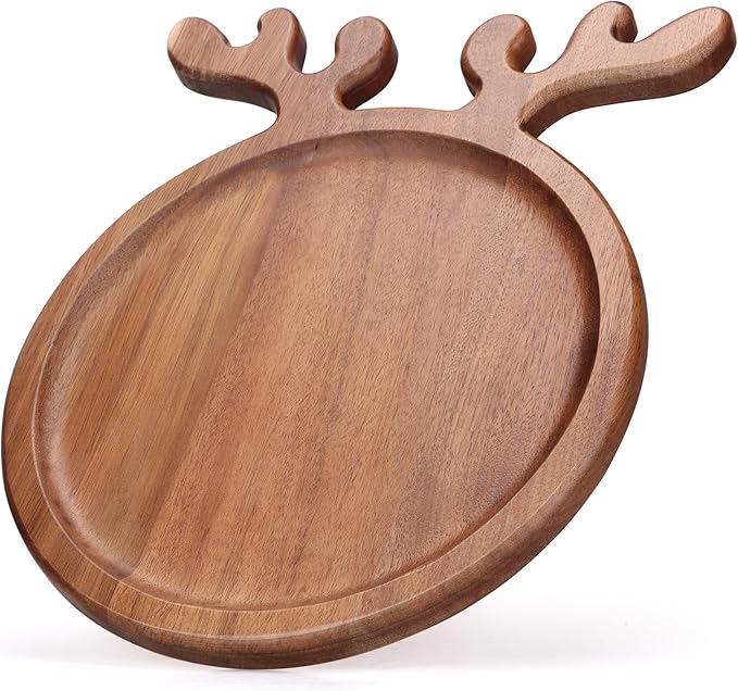 Renawe Decor Christmas Dinner Plate 12"x10" Wooden Cheese Charcuterie Board Xmas Cookies Platter Wood Salad Charger Plates for Christmas Holiday Festive Serving Dish Decorative Round Dessert Trays