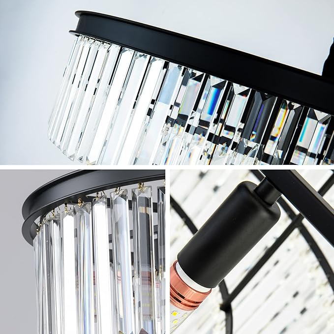 Black Modern Crystal Chandelier, 2-Tier Round Flush Mount Ceiling Light Fixtures Height Adjustable Pendant Lighting for Dining Room Living Room Bedroom Kitchen Hotel Foyer