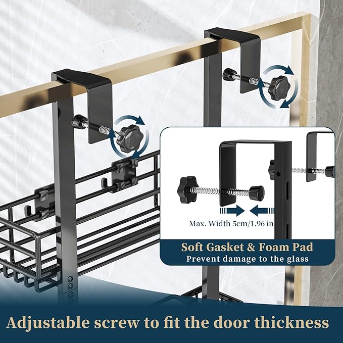 Consumest Over The Door Shower Caddy - 5 Tier Adjustable Shower Organizer Hanging with 2 Toothbrush Holders & 4 Hooks, Rustproof Oragnizer Shelf, Storage Rack for Bathroom, Black
