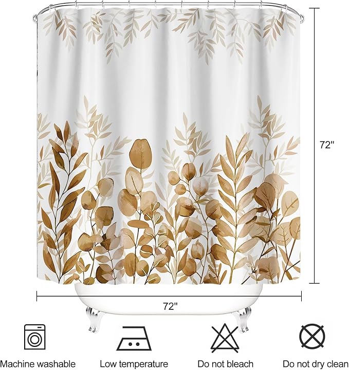 Brown Eucalyptus Shower Curtain Tan Watercolor Plant Leaves Shower Curtains for Bathroom Waterproof Polyester Fabric Bathroom Curtain 72 x 72 Inch with 12 Hooks
