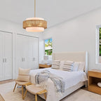 19.7" Rattan Chandelier with Linen Farmhouse Boho Hand Woven Bamboo Chandeliers Light Fixture Modern Drum Wicker Rattan Gold Chandelier for Dining Room, Kitchen, Living Room,Foyer