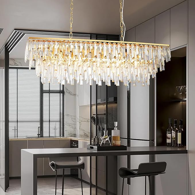 Rectangular Dining Room Chandelier, 40" Gold Modern Rectangle Luxury Crystal Chandelier 12 Lights Top K9 Linear Ceiling Pendant Light Fixture for Dining Room Kitchen Table Living Room
