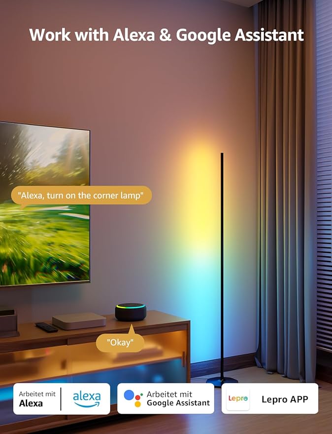 Lepro OE1 AI Smart Floor Lamp, RGBICW Corner Light with Music Sync, Alexa Compatible, Personalized AI Lighting Designer, Modern LED Standing Lamp for Living Room/Bedroom, 1000LM, 2.4G WiFi, No Remote