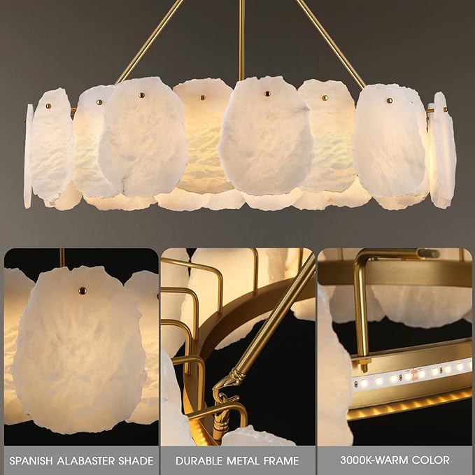 Round Alabaster Chandelier, 32in Spanish Marble Chandeliers for Dining Room, Alabaster Modern Chandeliers for Living Room, Adjustable Gold Chandelier for Bedroom, Bathroom, Kitchen, Foyer, Entryway