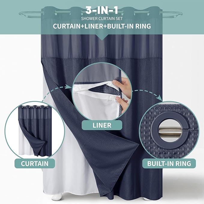 Navy No Hook Waffle Weave Shower Curtain with snap-in Liner Replacement, 230GSM Waterproof Fabric Hotel Shower Curtain Set for Bathroom, Through Mesh Top Window,71Wx74H