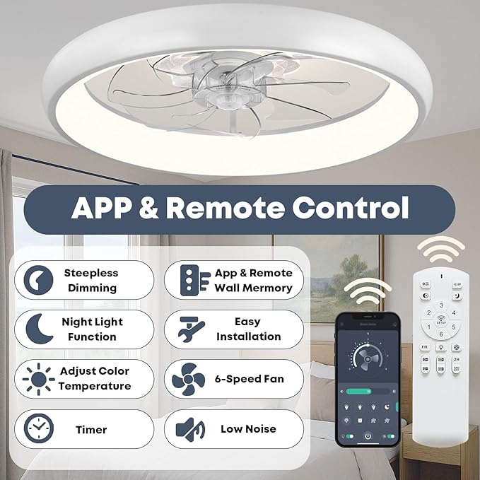 20'' Ceiling Fan with Light, Upgraded Low Profile Fan, Flush Mount Ceiling Fan, 6 Speeds, Dimmable LED, App & Remote Control, Quiet DC Motor, For Bedroom, Living Room, F109 White