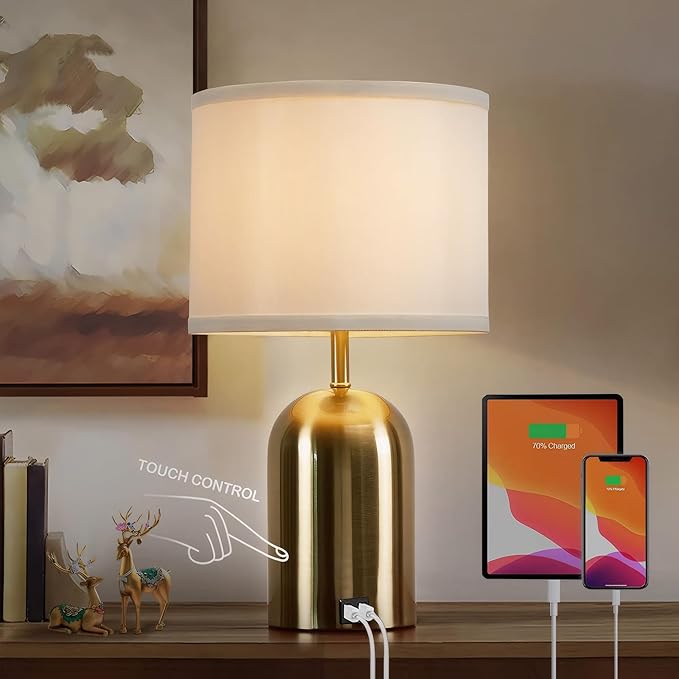 GyroVu Bedside Lamp with USB Port, Touch Control Table Lamp for Bedroom 3 Way Dimmable Modern Nightstand Lamp with Fabric Shade Gold Base for Living Room, Dorm, Home Office, LED Bulb Included