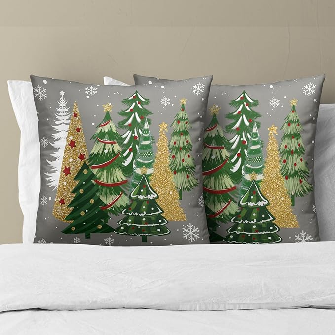Christmas Tree Pillow Covers 18x18 Set of 2, Xmas Pine Trees Snowflakes Grey Decorative Pillow Cases Square Cotton Cushion Cover for Winter Farmhouse Sofa Couch Bed Decor
