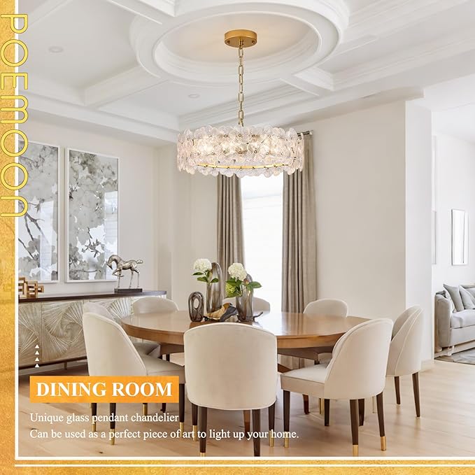 Modern Clear Flower Glass Chandelier 20" Elegant 6 Lights Gold Chandelier Light Fixture Luxury for Living Dining Room Kitchen Entryway Bedroom Foyer, E12