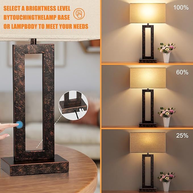 22" Tall Living Room Lamps for Night Stands - Touch Bedside Lamp with USB C+A, 3 Way Dimmable Bedroom Lamps for End Tables Set of 2, Modern Night Stand Lamp for Bed Side(Beige&Brown)