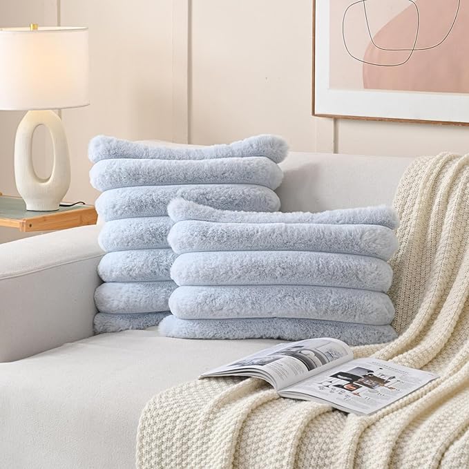 FUTEI Light Blue Decorative Throw Pillow Covers 18x18 Inch Set of 2, Square Soft Faux Rabbit Fur Big Striped Cushion Cover,Home Decor for Couch Sofa Bed Living Room